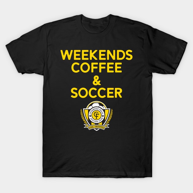 Weekends Coffee & Soccer Yellow CFSC T-Shirt by jdsoudry